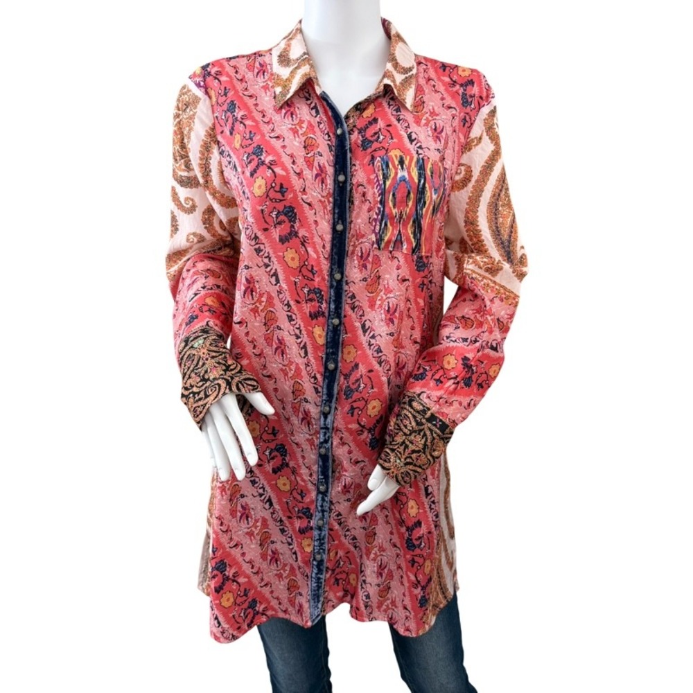 SOFT SURROUNDINGS Brynn Button Down‎ Paisley Velvet Silk Tunic Shirt Large Boho